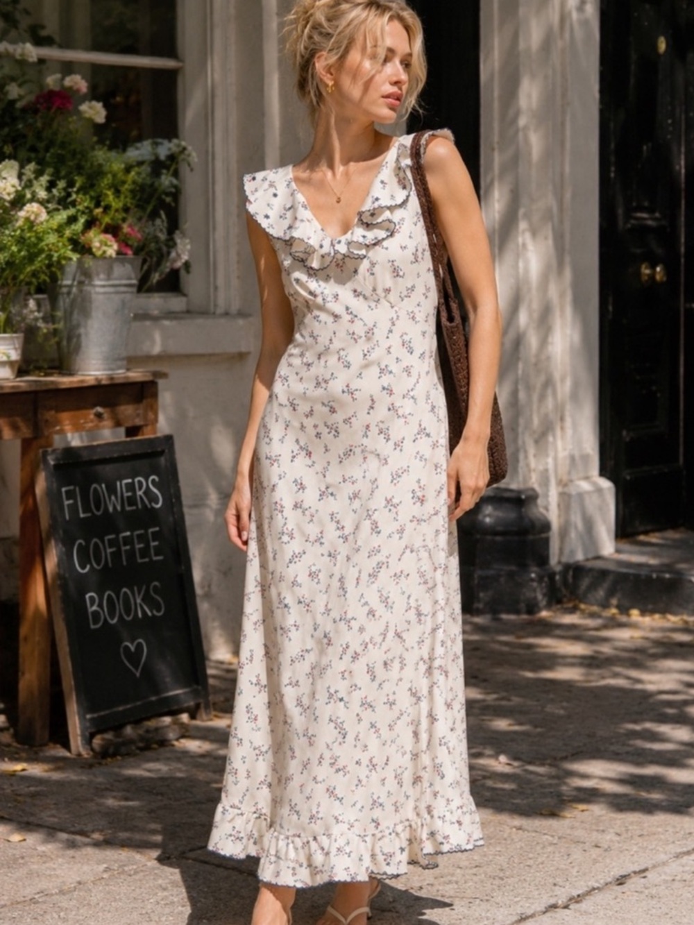 Caroline Constas Cream Floral Ruffle-Trim Maxi Dress